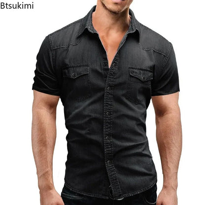 New 2025 Men's Denim Shirt Fashion Short Sleeve Soft Solid Slim Cowboy Tops Men Trend Streetwear Vintage Casual Cardigan T-shirt