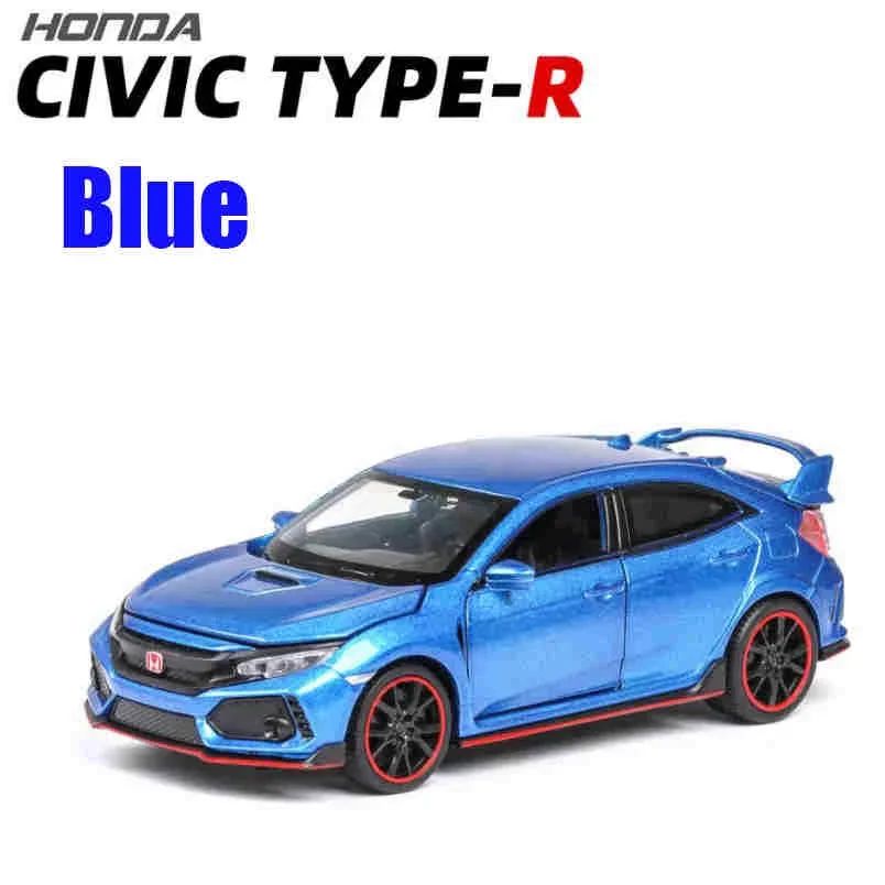 Carrinhos de brinquedo Honda Civic Type-R em liga metálica, escala 1:32, modelos fundidos com som e luz, veículos em miniatura, presentes de aniversário para crianças e adultos