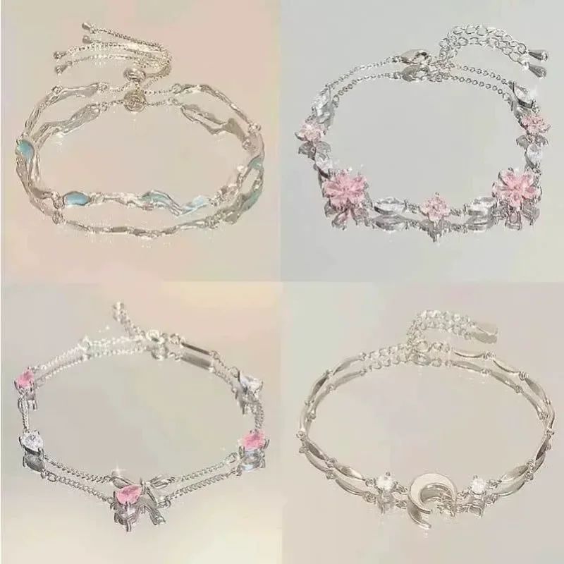 Pulseiras de Cerejeira de Cristal Rosa Brilhante para Mulheres Meninas Doce Lua Laço Flores Zircônia Pulseira Festa Joias Estéticas