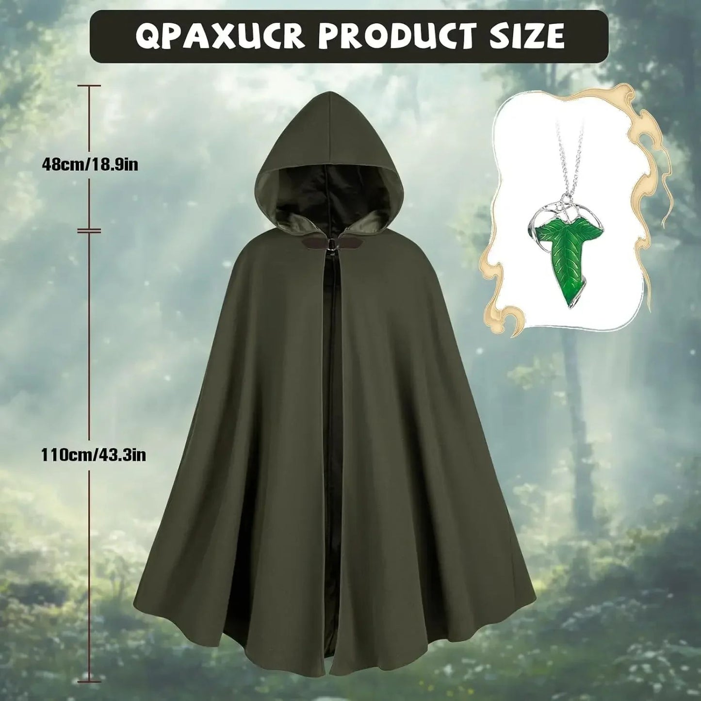 Cloak with Hood Men?Medieval Costume Men Round Metal Buckle Cloak with Green Leaf Brooch Necklace for Halloween