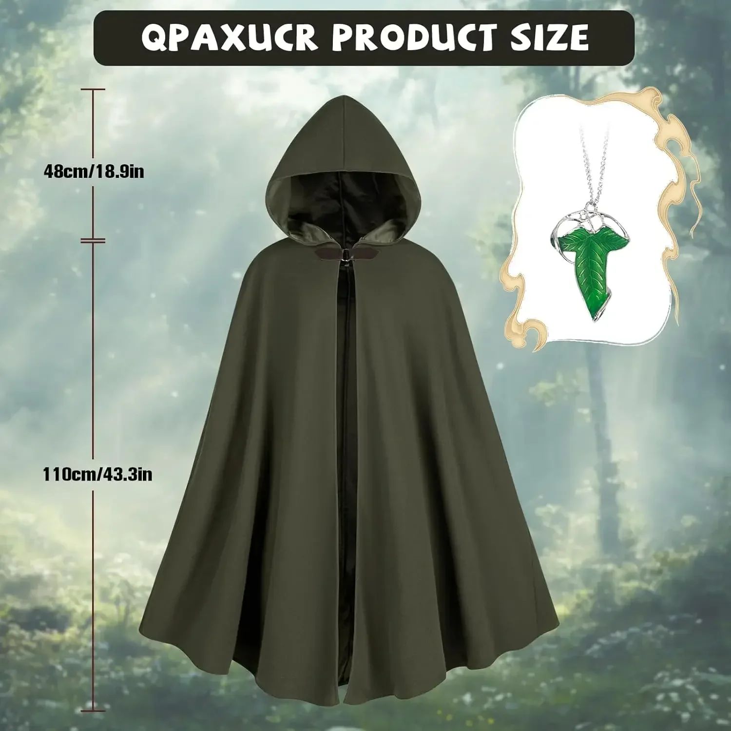 Cloak with Hood Men?Medieval Costume Men Round Metal Buckle Cloak with Green Leaf Brooch Necklace for Halloween