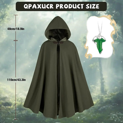 Cloak with Hood Men?Medieval Costume Men Round Metal Buckle Cloak with Green Leaf Brooch Necklace for Halloween