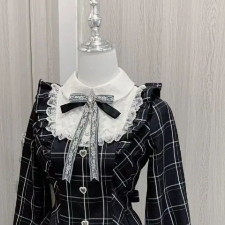 Harajuku Sweet Bow Black Plaid Dresses All-match Slim Fit Kawaii Lolita Dress fo