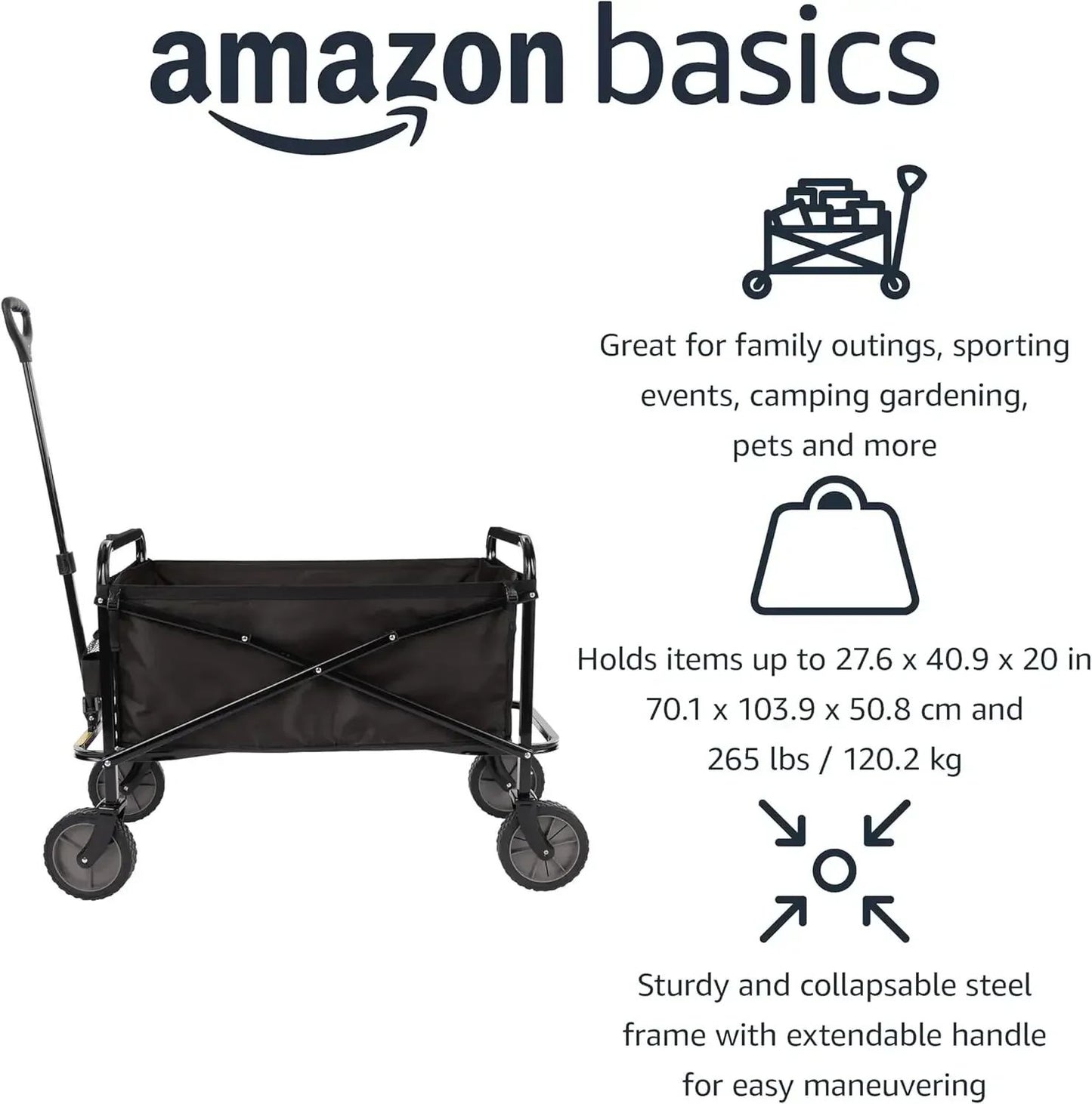 Collapsible Folding Heavy Duty Utility Wagon for Outdoor Sports, 265 pounds Weight Capacity, Camping, Garden, and Shopping=