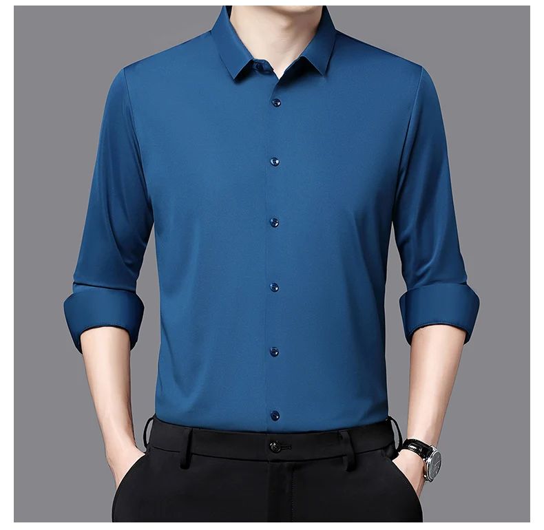 Seamless Anti-wrinkle Business Silky High Elastic Spandex Men's Long-sleeved Shirt Formal Social Non-iron Solid Color Casual