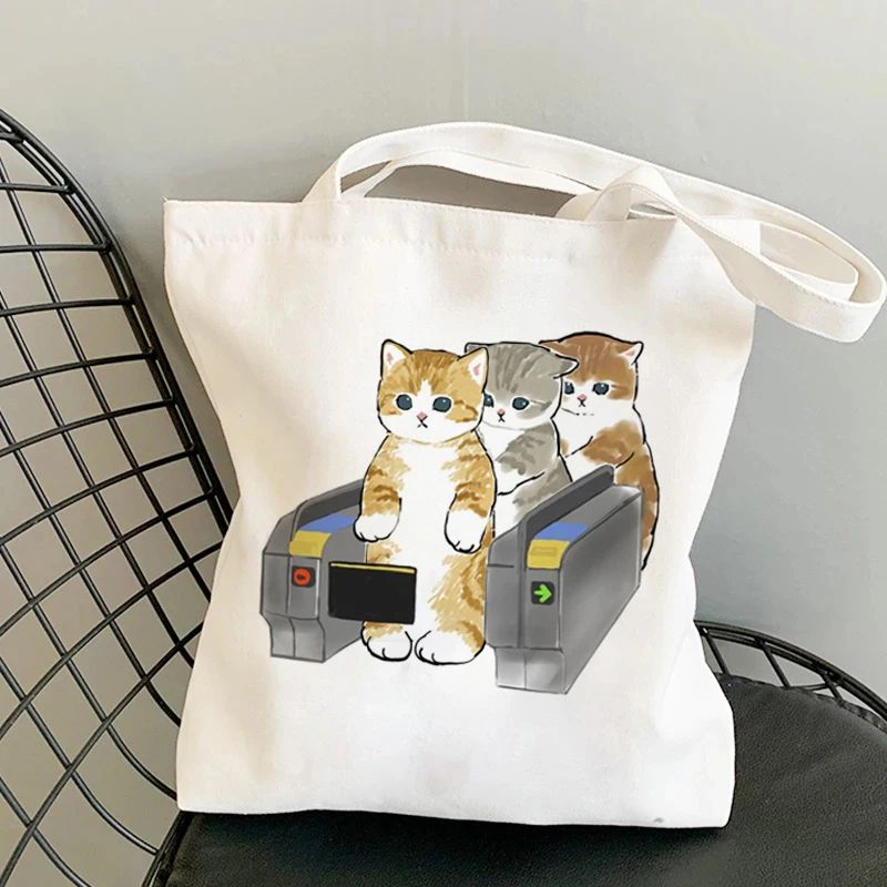 Kawaii Cats Manga Cartoon Reusable Tote Bag Women's High Capacity Versatile Canvas Shoulder Bag, Beach Shopper Handbag