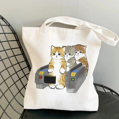 Kawaii Cats Manga Cartoon Reusable Tote Bag Women's High Capacity Versatile Canvas Shoulder Bag, Beach Shopper Handbag