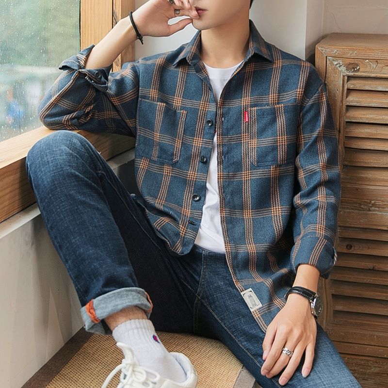Long Sleeve Men's Shirt and Blouse Cargo Clothes with Pocket Plaid Male Top Luxury Button Aesthetic Sleeves Fashion 2025 Vintage