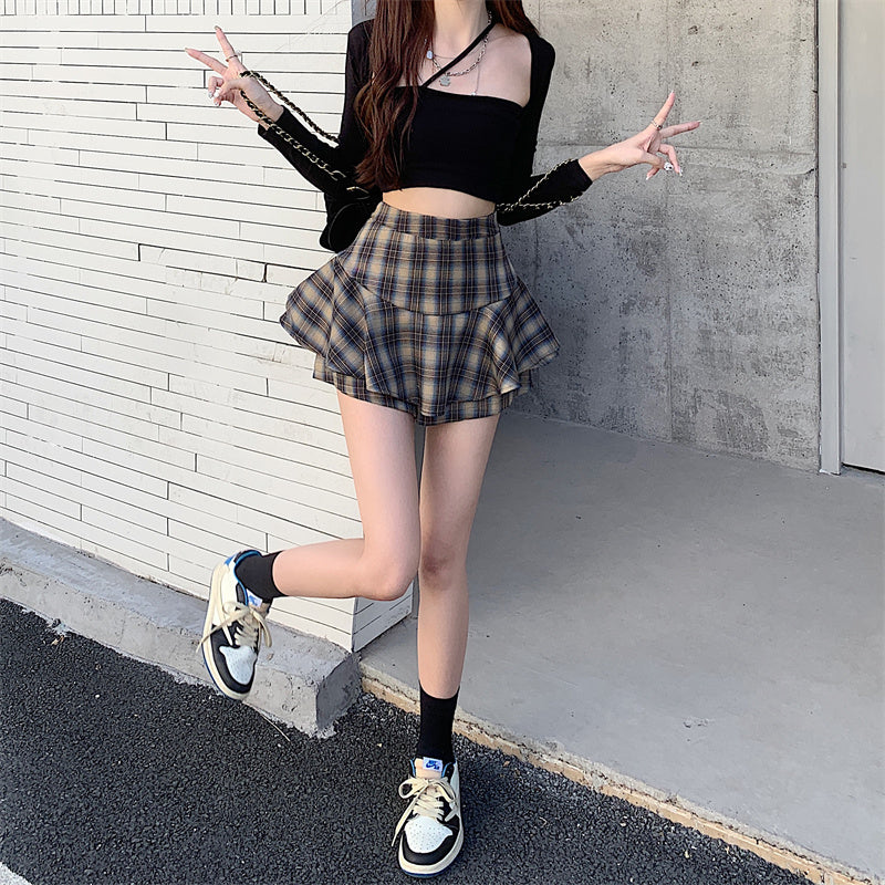 Tiered Mini Skirt Y2K High Waist Tartan Ruffled Plaid Skirt Skort Women Aesthetic Outfit