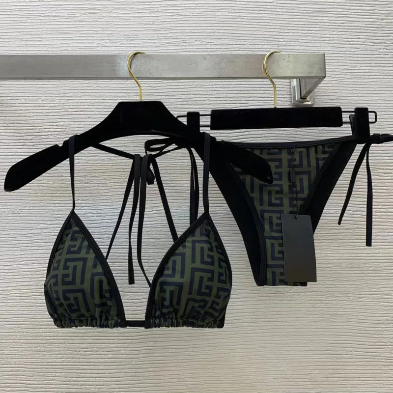 Geometric Printed Fashion Bikinis Sets Lace-up Bra Thong Sexy 2 Piece Swimsuits Solid Beach Style One-piece Bathing Suits Women