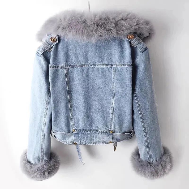 Women Faux Fox Fur Collar Jean Coat Winter Denim Jacket Female Short Warm Parkas Rabbit Hair Lining Outwear Fashion Overcoat