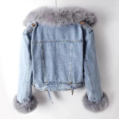 Women Faux Fox Fur Collar Jean Coat Winter Denim Jacket Female Short Warm Parkas Rabbit Hair Lining Outwear Fashion Overcoat
