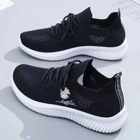 Spring and autumn seasonsLadies Knitted Sneakers Fashion Simple Lace-up Running Shoes Mesh Breathable Casual Female Students