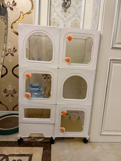 Gaiola Compacta para Gatos com Banheiro Tudo-em-Um Casa de Gatos Interna para Pequenos Espaços Mansão de Gatos com Economia de Espaço Placa de Caverna DIY Vila para Gatos