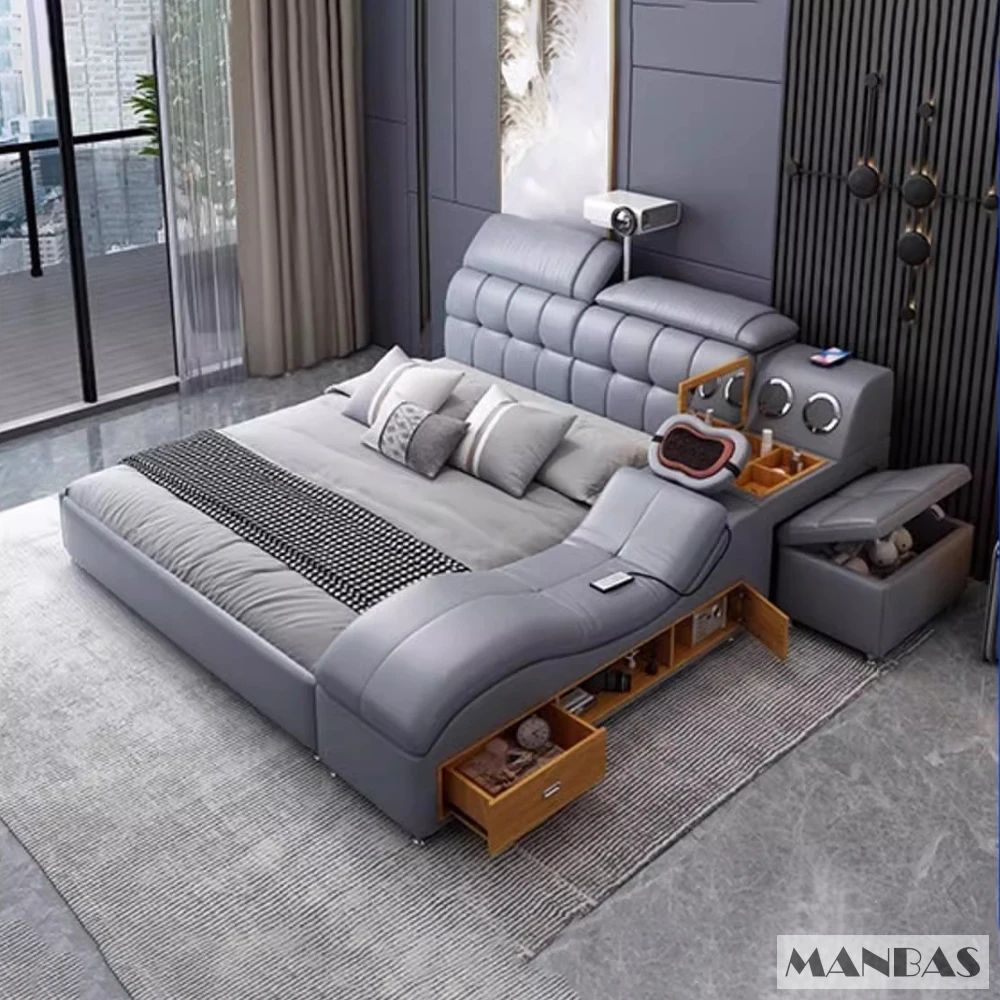 MANBAS Luxury King Size Genuine Leather Bed / Tech Smart Bed / Multifunctional Ultimate Beds / Massage Bed with USB,Projecter