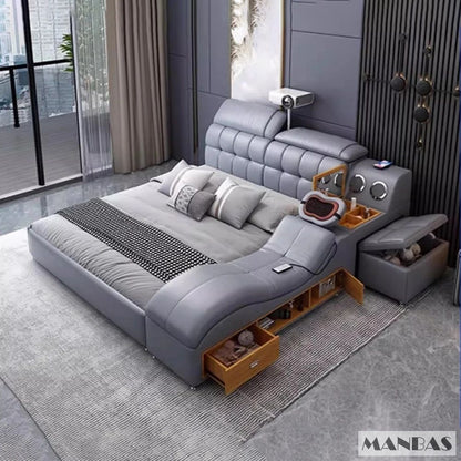 MANBAS Luxury King Size Genuine Leather Bed / Tech Smart Bed / Multifunctional Ultimate Beds / Massage Bed with USB,Projecter
