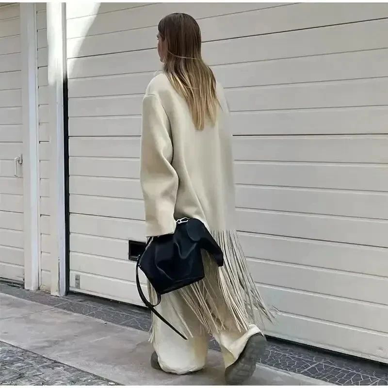 Fashion Tassel Solid Color O-neck Overcoat Woman 2024 Autumn Winter Loose Temperament Long-sleeve Pocket Coat Female Streetwear