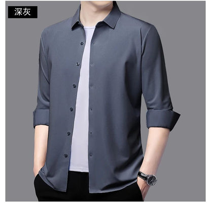 Seamless Anti-wrinkle Business Silky High Elastic Spandex Men's Long-sleeved Shirt Formal Social Non-iron Solid Color Casual