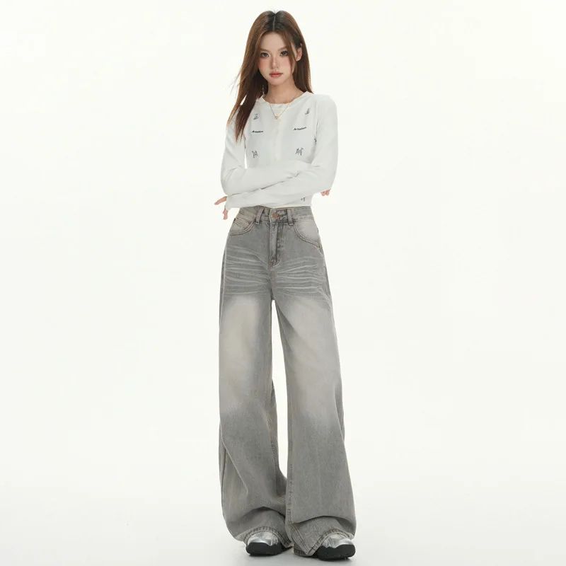 Gray American High Street Wide Leg Jeans Women Loose Drapey Slim Straight Floor-Length Pants High Waist Button Decoration