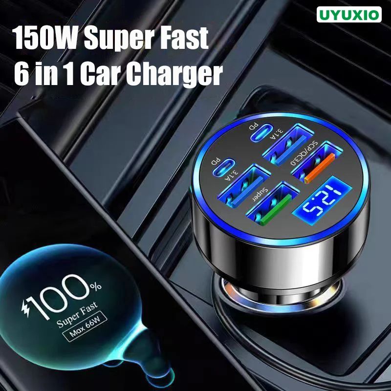 Carregador de Telefone UYUXIO 6 em 1 USB C Adaptador com Display de Voltagem Carregamento Super Rápido no Carro para iPhone 16 15 Pro Max Samsung