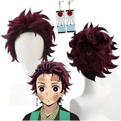Anime Demon Moordenaar Kimetsu No Yaiba Tanjiro Kamado Cosplay Synthetic Wigs Korte Kastanjebruine Hittebestendige Haarpruiken