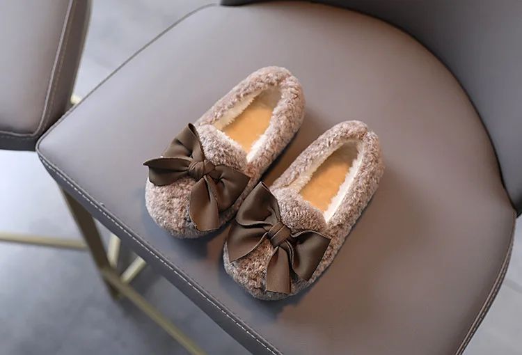 Girls Winter Shoes Cotton-padded Warm Cotton Fur Fluffy Children Flats Kids Loafers Slip-on Princess Sweet Anti-slippery Bowtie