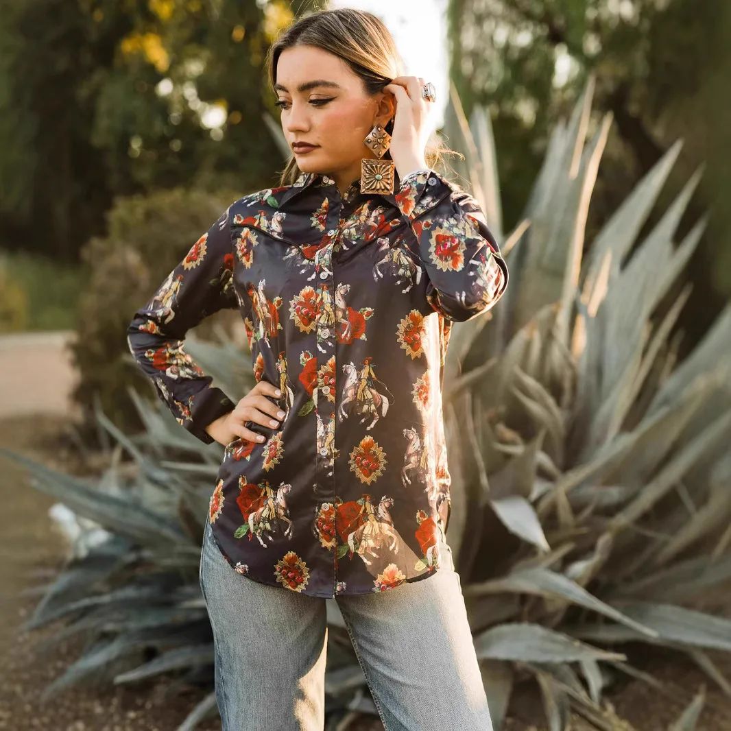 2025 New Women's Slim Fit Long Sleeve Shirt Western Cowboy Ethnic Streetwear Print Collared Denim Button up Fashionable Top