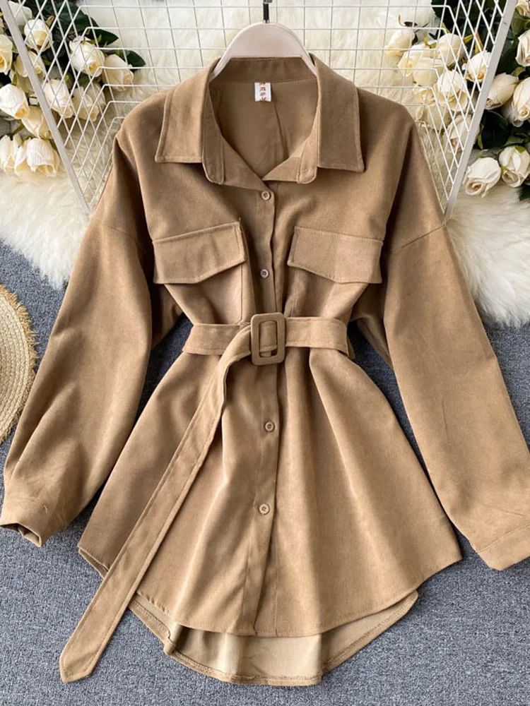 Women Spring Autumn Shirts Retro Cargo Style Pockets Long-Sleeved Shirt Puff Sleeve Bandage Nipped Waist Tops Female PL438