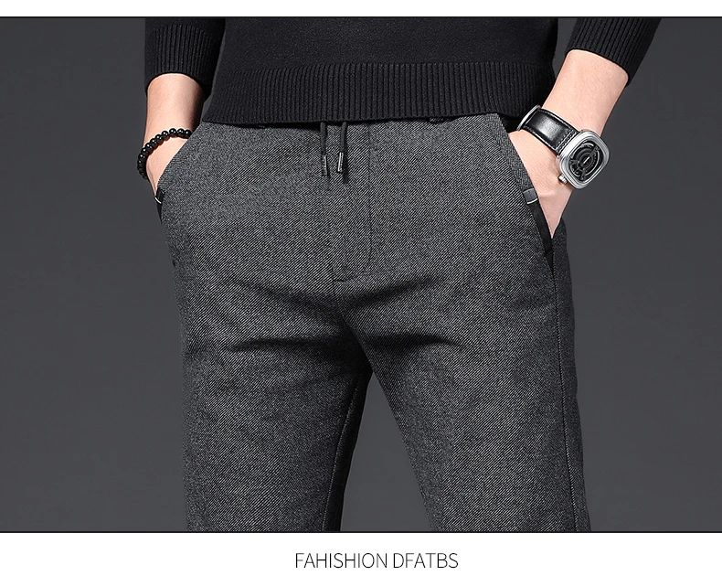 Winter Plush Trousers Men Business Fleece Pants Fashion Warm Drawstring Velvet Thick Casual Stretch Male Clothes 28-29