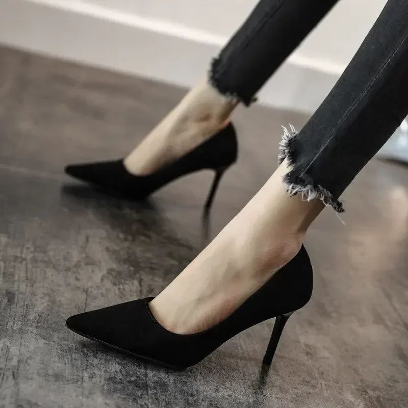New Fashion women's shoes Sexy black high heels Sharp pointed suede pumps Elegant Shallow Mouth Shoes