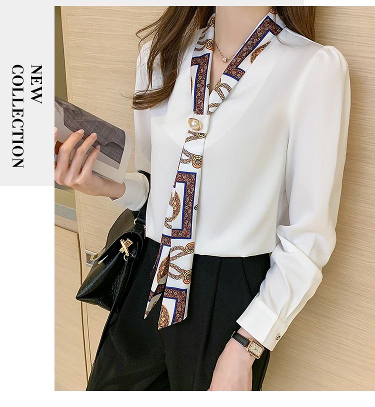 FANAN Elegant Fashion Office Lady Bow Solid Chiffon Shirts Women Clothing New Long Sleeve V-Neck Pullover Top Blouses Female2025