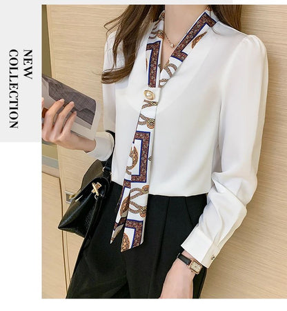 FANAN Elegant Fashion Office Lady Bow Solid Chiffon Shirts Women Clothing New Long Sleeve V-Neck Pullover Top Blouses Female2025
