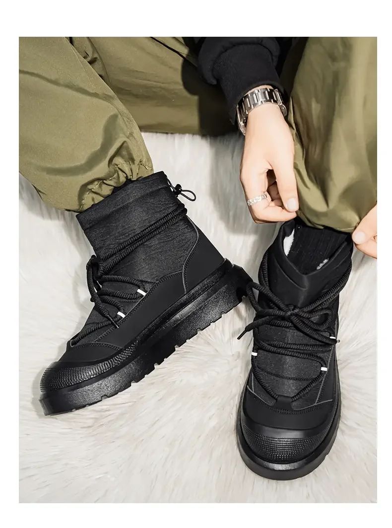 Work Style Snow Boots for Men Women Plus Fleeces Warm Winter Boots High Top Thick Soled Lace Up Black Plush Couple Cotton Shoes