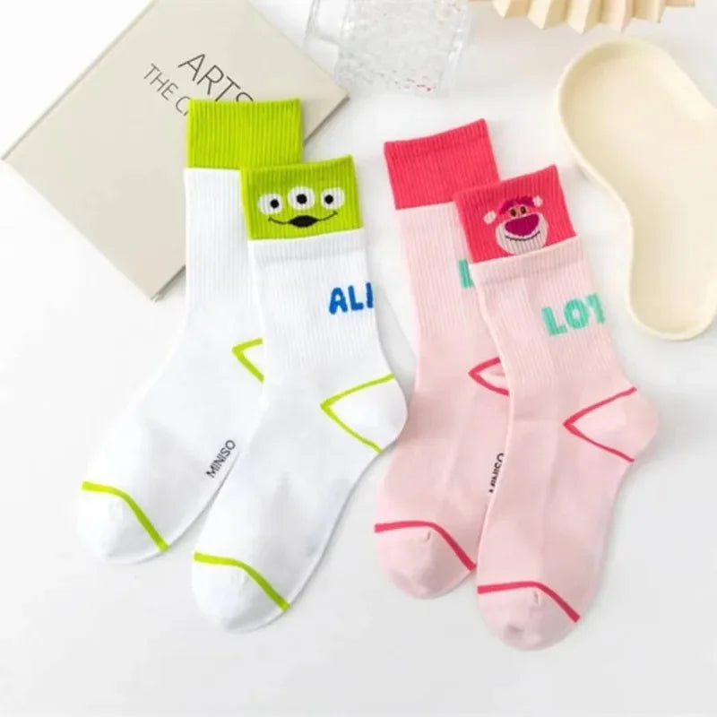 Disney Lotso Socks Women Breathable Cotton Casual Sports Sock Girls Student Autumn Winter Kawaii Mid Tube Skateboard Socks Gift