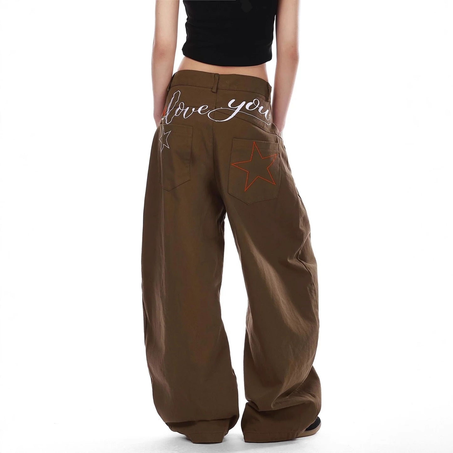 Retro American Star Letter Embroidery Wide Leg Jeans Men's Loose Long Trousers Workwear Pants Summer Denim Low Waist Straight