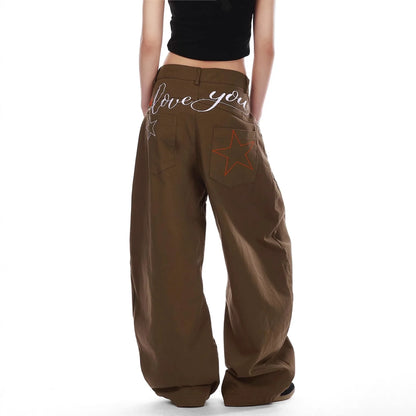 Retro American Star Letter Embroidery Wide Leg Jeans Men's Loose Long Trousers Workwear Pants Summer Denim Low Waist Straight