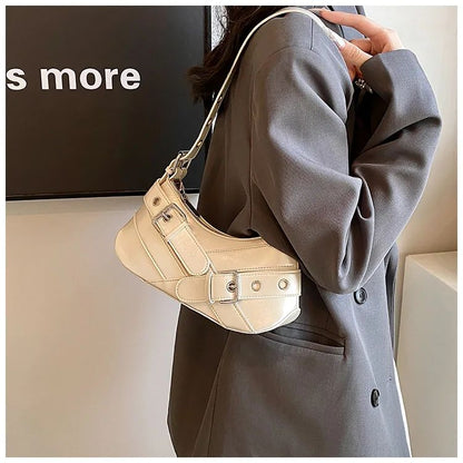 Red Vintage Shoulder Bag Y2K Belt Design PU Leather Underarm Bags for Women Trend Hot Cool Girl Crossbody Bag Punk Style Handbag