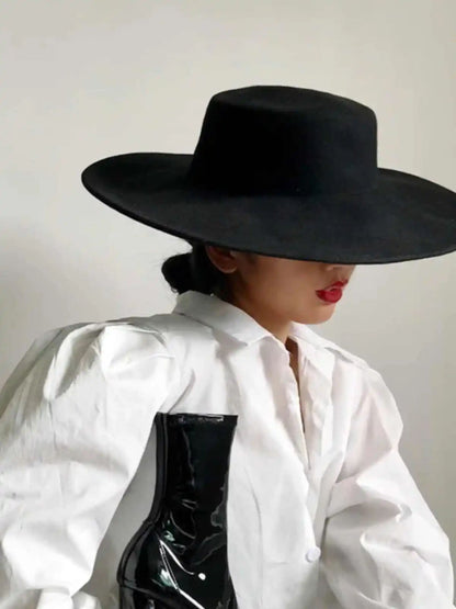 2025 Boina Feminina Elegante Francesa Topo Reto Chapéu Aba Larga de Feltro Retrô Feminino