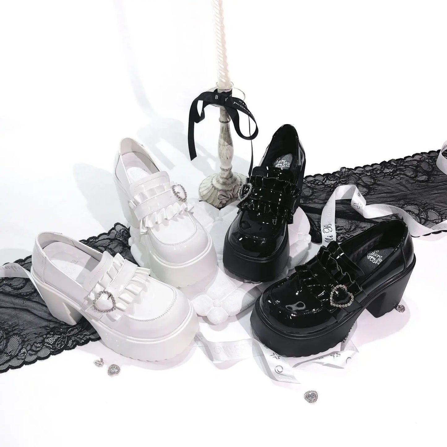 Sweet Heart-Shaped Buckle Lolita High Heels Pump Shoes for Women Y2k PU Leather Waterproof Platform Mary Janes Shoes