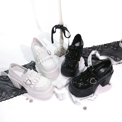 Sweet Heart-Shaped Buckle Lolita High Heels Pump Shoes for Women Y2k PU Leather Waterproof Platform Mary Janes Shoes