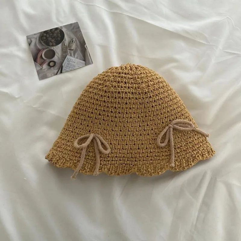 Chapéu de Sol Coreano com Laço de Primavera e Verão, Chapéu Bucket Doce da Moda, Chapéu de Sol Feminino de Palha de Cor Sólida de Malha Respirável para Exteriores