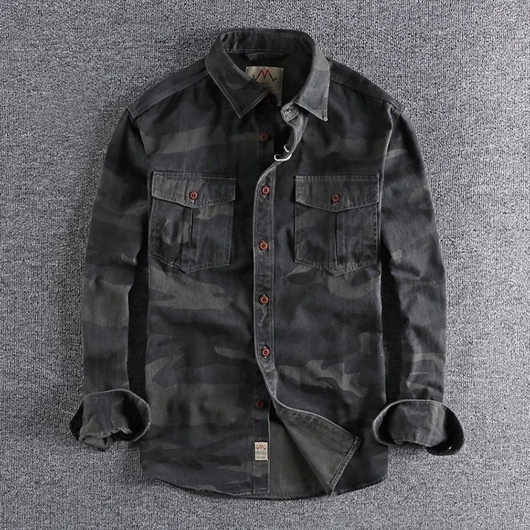 Men's Double Pocket Long Sleeve Shirts Camouflage Cargo Shirts High Quality 100% Cotton Outdoor Hiking Sports Casual Shirts