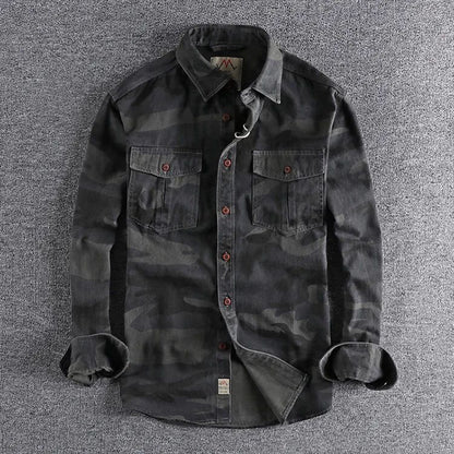 Men's Double Pocket Long Sleeve Shirts Camouflage Cargo Shirts High Quality 100% Cotton Outdoor Hiking Sports Casual Shirts