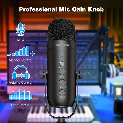 Microfone condensador cardioide profissional Haomuren USB para podcast, streaming, PC, estúdio, kit com braço articulado para gravação no YouTube