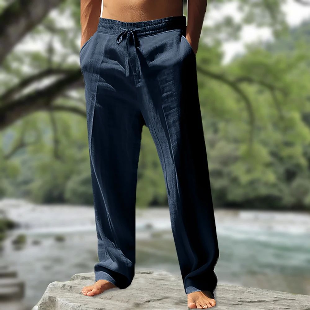 Men's Linen Beach Pants Breathable Loose Straight Trousers Male Summer Casual Solid Color Japanese Streetwear