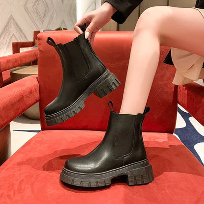 Autumn and Winter New Round Toe Low Heel Women's Boots Chelsea Motorcycle Boots Solid Color Breathable Casual Women's Boots