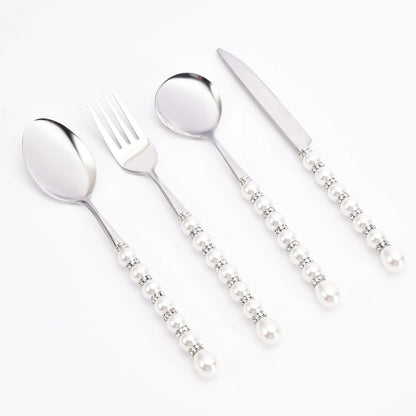 Conjunto de talheres luxuosos de aço inoxidável 304 com colher, garfo e faca, talheres com pérolas e diamantes, caixa de presente, utensílios para casa, cozinha e casamento