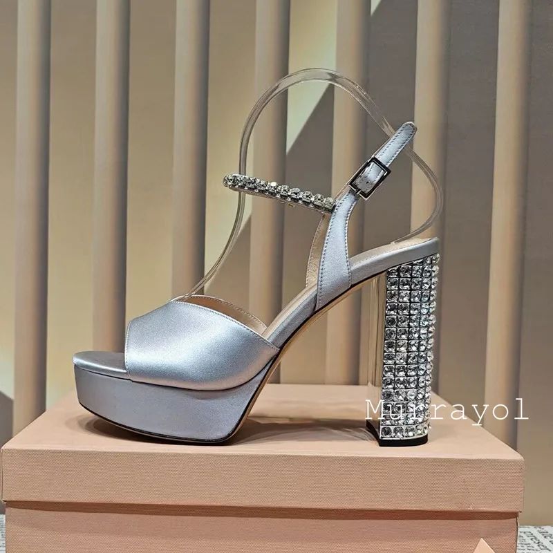 Women Open Toe Rhinestone High Heels Sandals Satin Waterproof Platform Sandalias Summer Party Dress Shoes Pumps Wedding Shoes