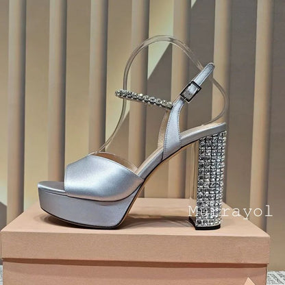 Women Open Toe Rhinestone High Heels Sandals Satin Waterproof Platform Sandalias Summer Party Dress Shoes Pumps Wedding Shoes