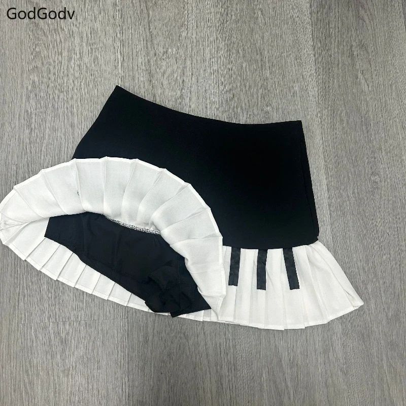 2000s Aesthetic Elegant Women Piano Skirt Stripe Design Y2k Slim Mini Skirt Female Black White Spliced Korea Style Chic Outfits